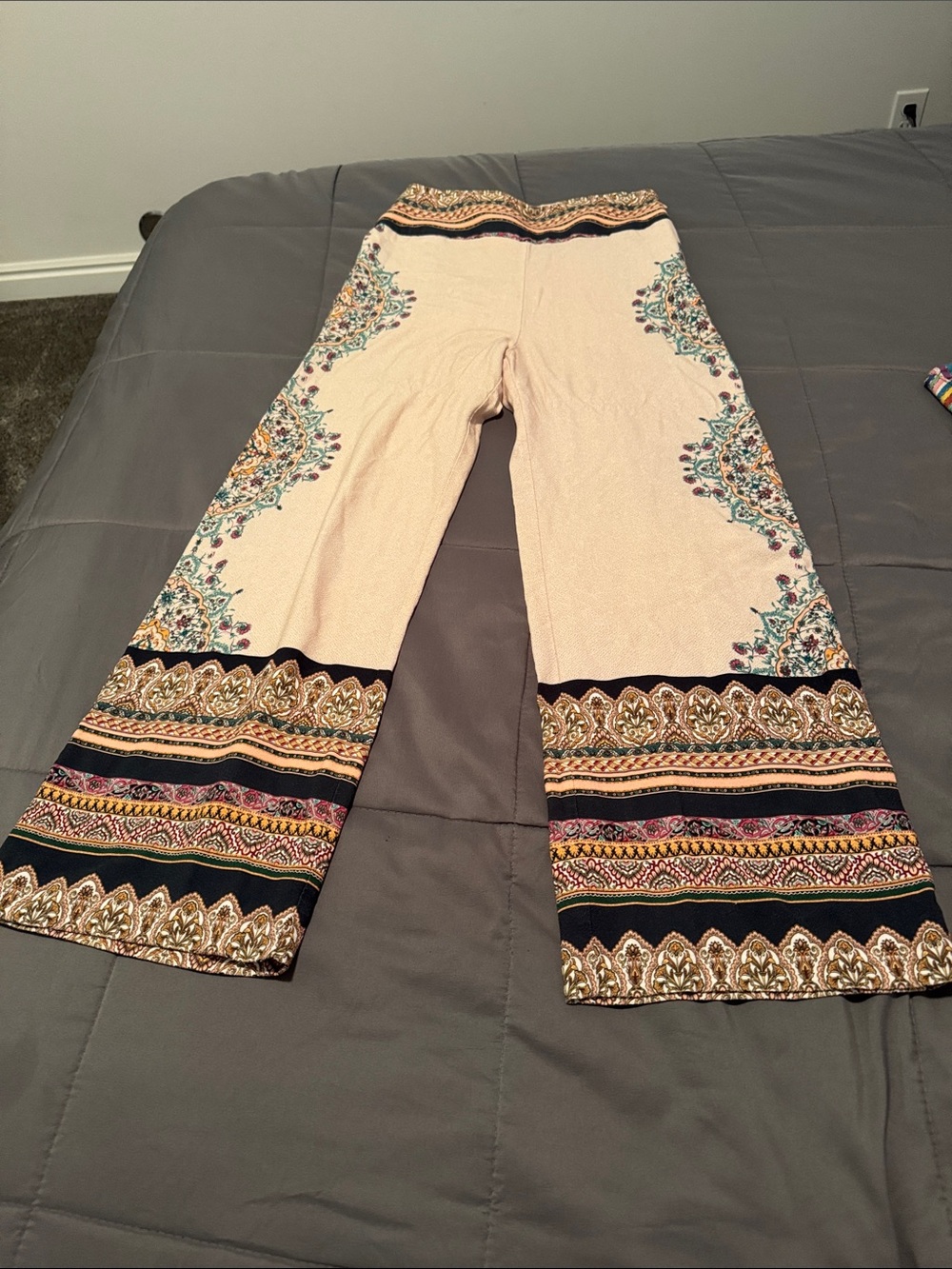 Anthropologie Farm Rio Cream Wide-Leg Pants with Multicolor Boho Border
